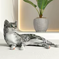 Indoor Potted Plants with Tropical Palm Large Banana Leaves in Black Gray Pots Near Cat