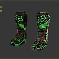Black Motorcycle Boots With Green Accents Fox Logo And Racing Style Straps Design