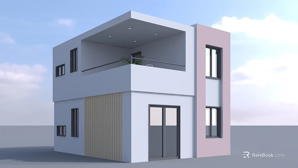 Modern Two Story Detached Villa With White Pink Wooden Exterior And Balcony Plant 3d model 