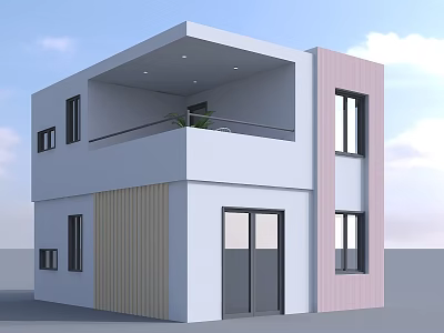 Modern Two Story Detached Villa With White Pink Wooden Exterior And Balcony Plant 3d model