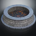 Circular Stone Fire Pit With Glowing Flame Pattern And Masonry Design