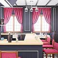 Cozy Restaurant Interior With Brick Walls Purple Booths White Tablecloths Bar Counter And Red Stools