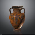 Ancient Greek Ceramic Amphora With Two Handles Carved Figures And Orange Black Design