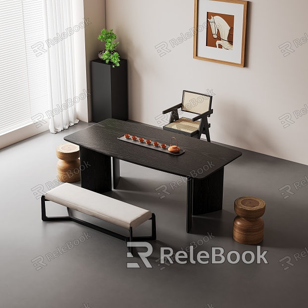 Solid Wood Tea Table and Chair Combination Modern Tea Table Decoration Hanging Painting model