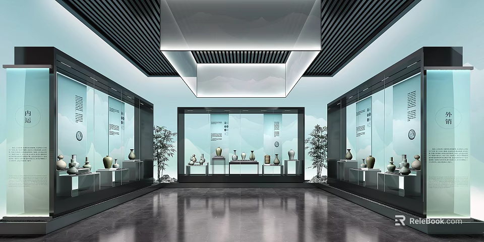 Modern Exhibition Hall With Glass Display Cabinets Showcasing Porcelain Items And Minimalist Lighting 3d model 