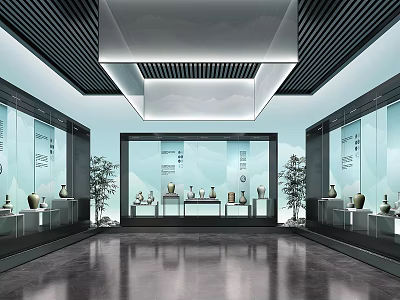 Modern Exhibition Hall With Glass Display Cabinets Showcasing Porcelain Items And Minimalist Lighting 3d model