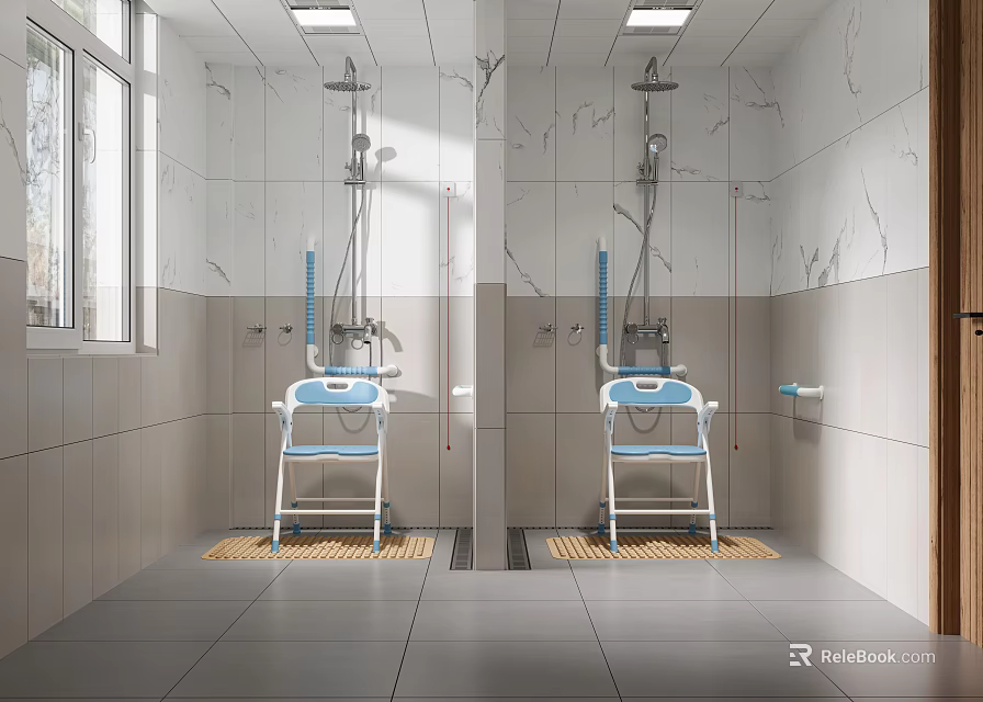 Other Bathroom Interior With Shower Chairs Grab Bars Ceramic Tiles And Window Lighting 3d model 