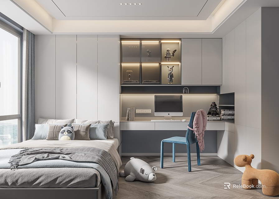 Cozy Modern Tatami Bedroom With Gray Bed Window Desk Chair And Stuffed Toys 3d model 