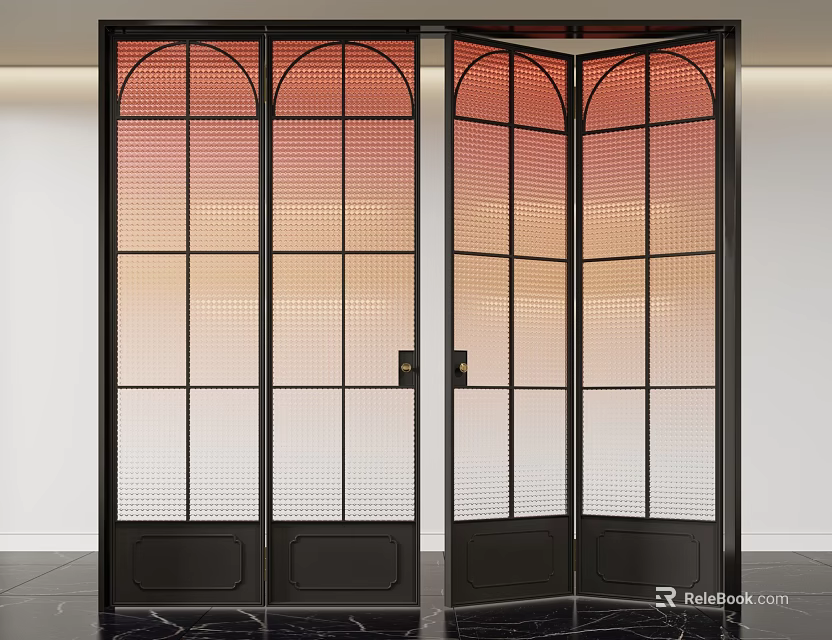 Stylish Folding Door With Arched Grid Glass And Gradient Panels 3d model