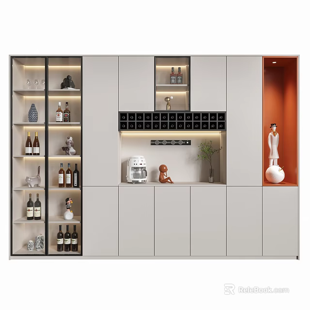 Modern Wine Cabinet With Open Shelves Wine Bottles Glasses And Decorations 3d model 