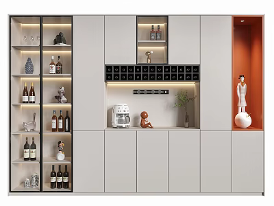 Modern Wine Cabinet With Open Shelves Wine Bottles Glasses And Decorations 3d model