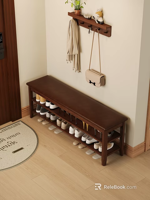 Wooden Shoe Bench with Storage Shelves in Entryway Hanging Bag and Scarf 3d model 