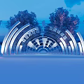 Colorful Illuminated Arch Garden Ornament Decorating Landscape with Trees and Modern Building