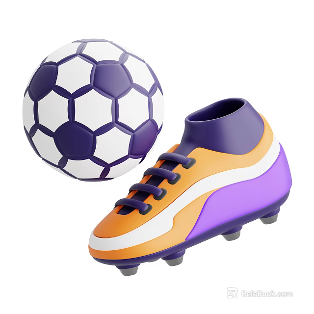Colorful Sports Equipment Featuring Purple White Soccer Ball And Orange Purple Cleats With Studs 3d model 