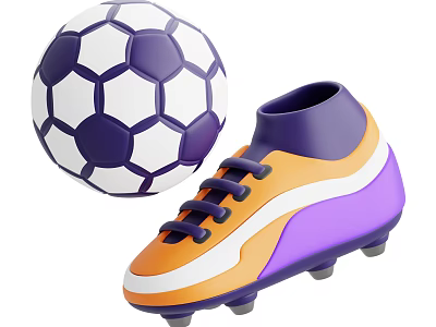 Colorful Sports Equipment Featuring Purple White Soccer Ball And Orange Purple Cleats With Studs 3d model