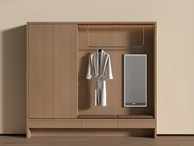 Modern Wooden Wardrobe With Hanging Rod Full Length Mirror Cushioned Seat And Storage Drawers 3d model