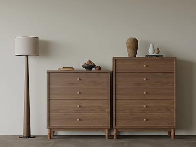 Modern Wooden Entryway Side Drawer Cabinets With Decorative Vases And Floor Lamp 3d model