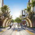 Garden Landscape Design for Modern Commercial Street with Palm Trees Night Lighting and Pedestrians