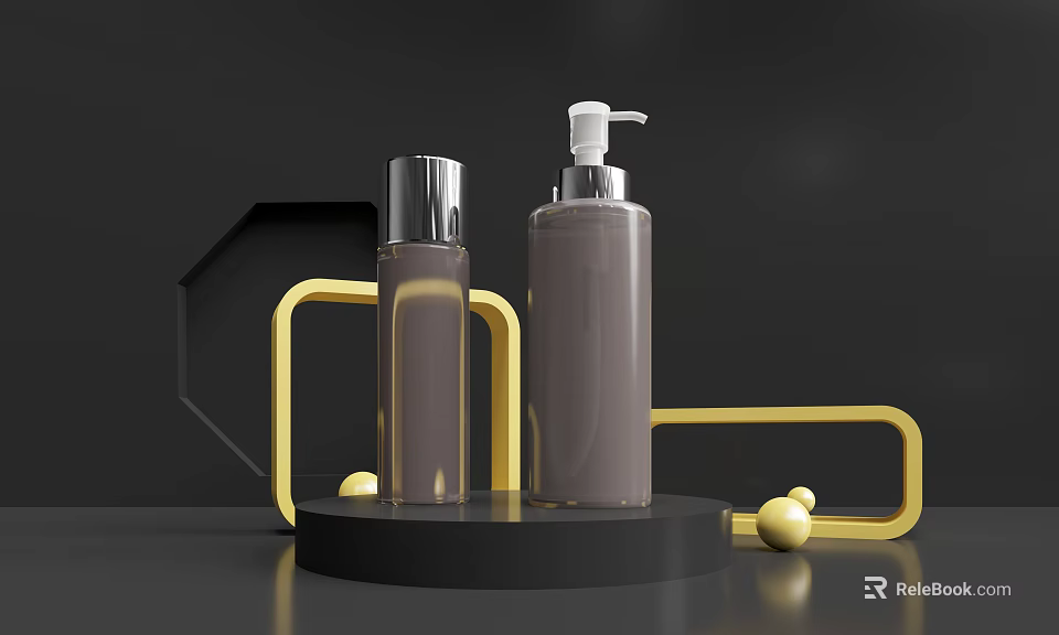 Elegant Display Shelves With Brown Bottles Silver Caps White Pump Dispensers Golden Frames And Black Platform 3d model 