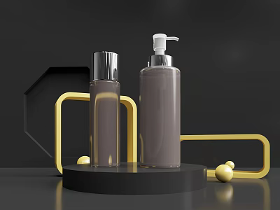Elegant Display Shelves With Brown Bottles Silver Caps White Pump Dispensers Golden Frames And Black Platform 3d model