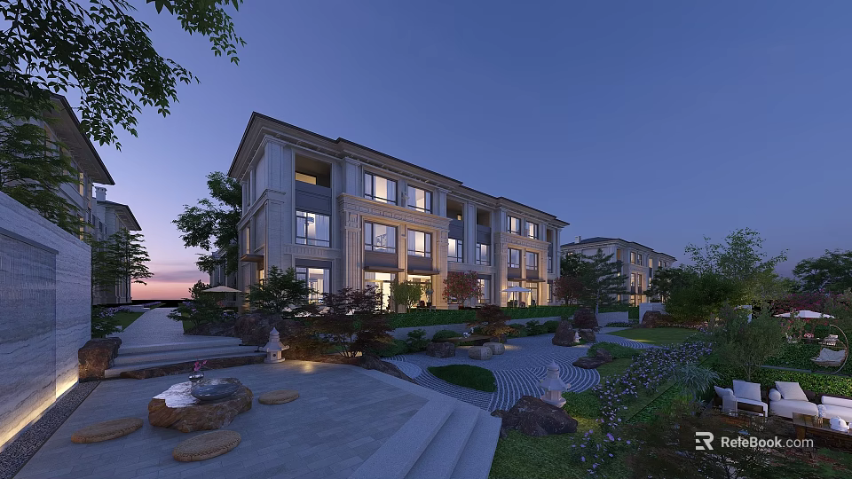 Modern Townhouse Exterior View With Garden Landscaping Stone Steps And Dusk Lighting 3d model 