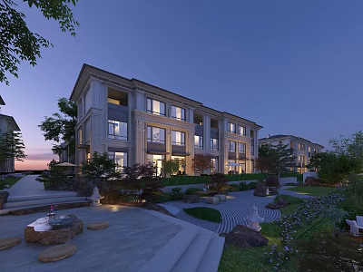 Modern Townhouse Exterior View With Garden Landscaping Stone Steps And Dusk Lighting 3d model