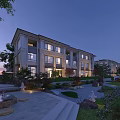 Modern Townhouse Exterior View With Garden Landscaping Stone Steps And Dusk Lighting