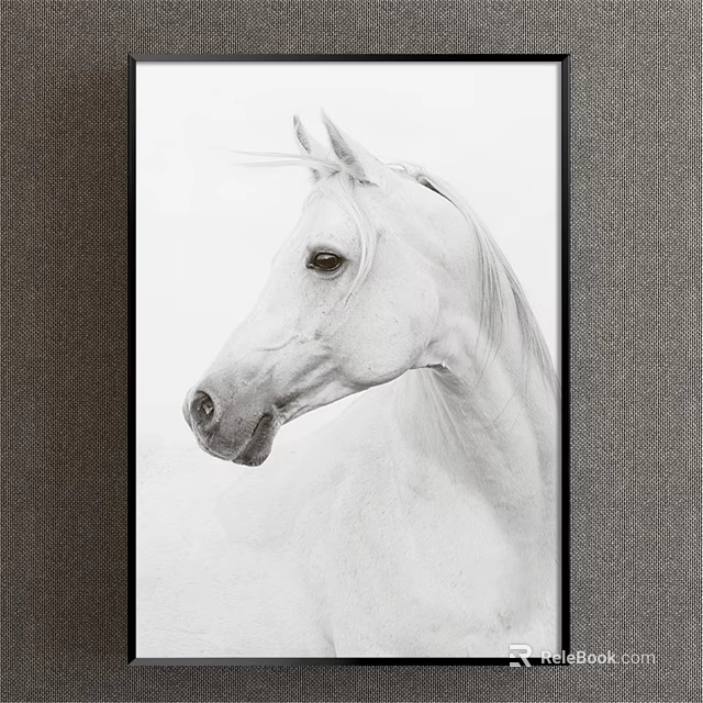 Black and White White Horse Head Portrait Animal Painting Hanging on Dark Wall 3d model 