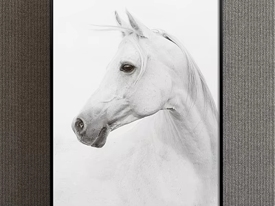Black and White White Horse Head Portrait Animal Painting Hanging on Dark Wall 3d model