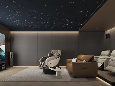 Luxurious Modern Home Theater Room Interior Design With Starry Ceiling Dark Walls And Comfortable Seating 3d model