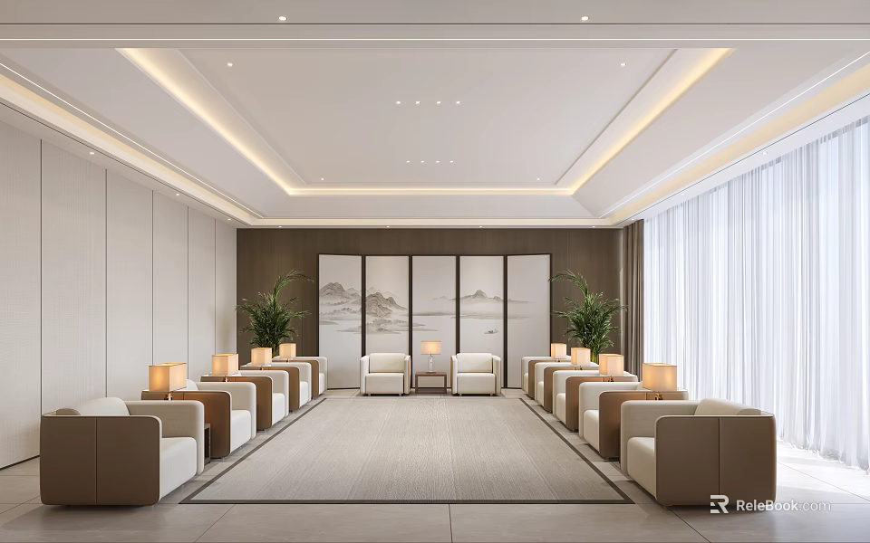 Modern Hotel Public Lounge Area With Beige Sofas Armchairs Gray Carpet And Landscape Paintings 3d model 