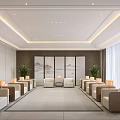 Modern Hotel Public Lounge Area With Beige Sofas Armchairs Gray Carpet And Landscape Paintings