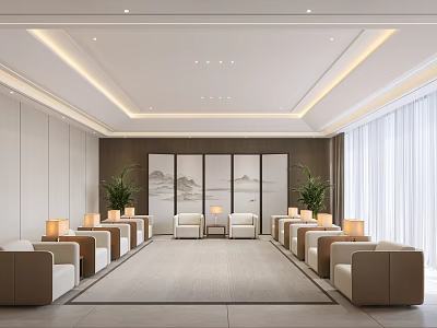 Modern Hotel Public Lounge Area With Beige Sofas Armchairs Gray Carpet And Landscape Paintings 3d model