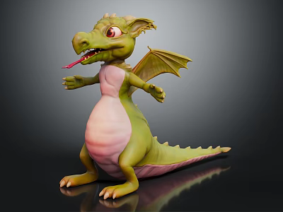 Cute Green Dragon 3D Character With Pink Belly And Tongue Out 3d model