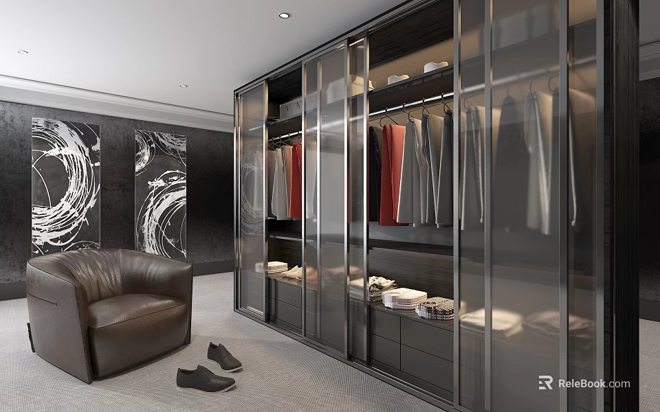 Modern Luxury Wardrobe Interior With Glass Doors Hanging Clothes Drawers Shoes Leather Chair And Rug 3d model 