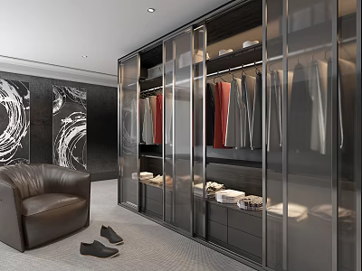 Modern Luxury Wardrobe Interior With Glass Doors Hanging Clothes Drawers Shoes Leather Chair And Rug 3d model