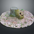 Natural Garden Landscape Featuring Moss Covered Tree Stump With Fallen Leaves On Circular Ground