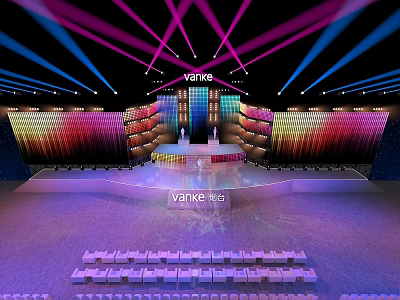 Vanke Event Stage Setup Featuring Vibrant Colored Lights Colorful Backdrop Panels And Audience Seats 3d model