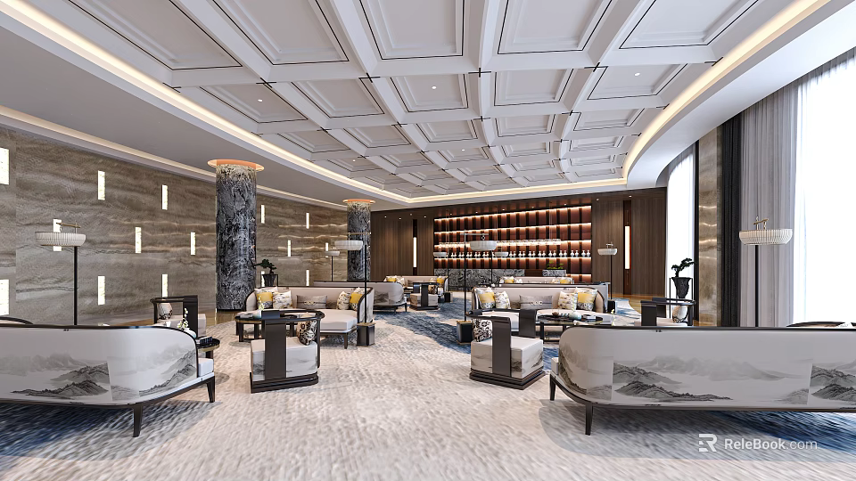 Luxurious Clubhouse Interior With Sofas Marble Walls And Ceiling Details 3d model 