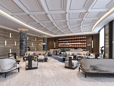 Luxurious Clubhouse Interior With Sofas Marble Walls And Ceiling Details 3d model