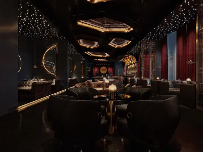 Elegant Bar Interior With Starry Ceiling Lights Black Chairs And Red Curtains 3d model