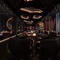 Elegant Bar Interior With Starry Ceiling Lights Black Chairs And Red Curtains 3d model
