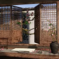 New Chinese Style Study Studio Chinese Hollow Wooden Window Chinese Style Garden Window View Peach Blossom Tree Peach Blossom Branch Indoor Flower Arrange 3d model