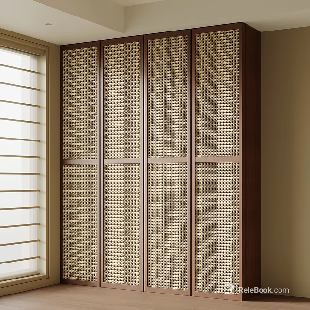 Modern Wooden Wardrobe With Rattan Lattice Panels And Natural Light 3d model 