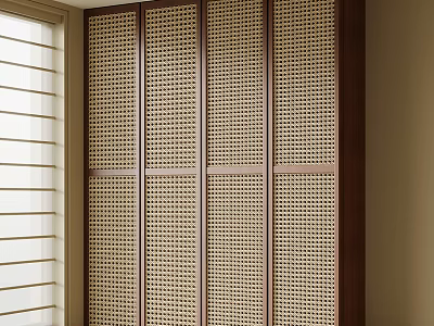 Modern Wooden Wardrobe With Rattan Lattice Panels And Natural Light 3d model