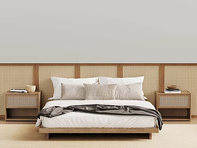 Serene Bedroom Interior With Wooden Headboard Woven Panels Pillows And Blanket 3d model