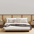 Serene Bedroom Interior With Wooden Headboard Woven Panels Pillows And Blanket