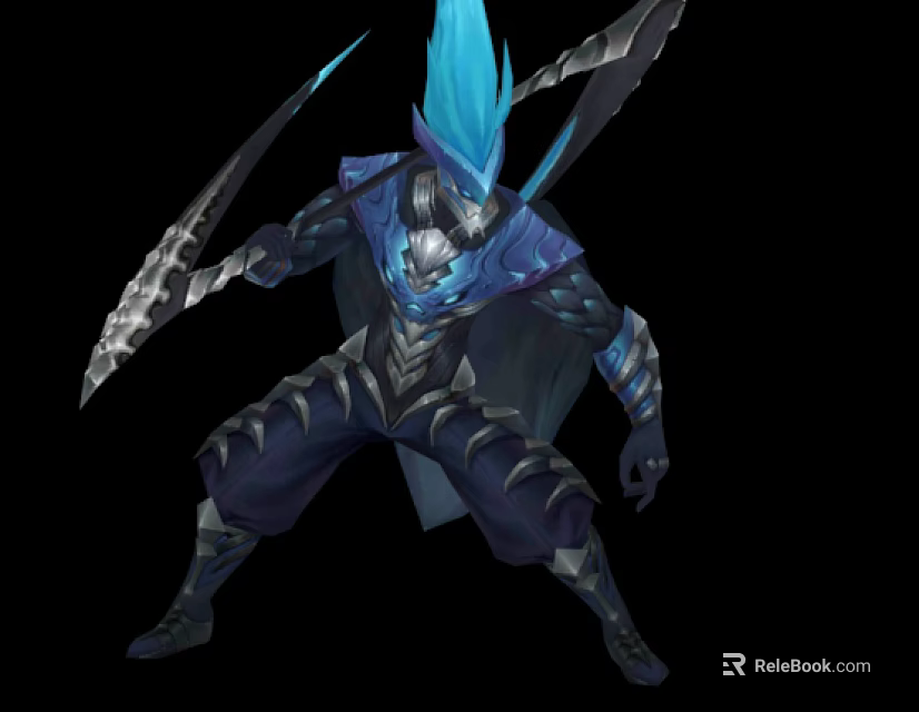 Game Movie Character Blue Flame Haired Warrior With Dual Blades And Dark Armor 3d model 