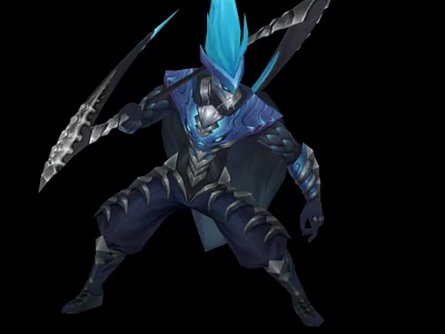 Game Movie Character Blue Flame Haired Warrior With Dual Blades And Dark Armor 3d model