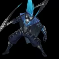 Game Movie Character Blue Flame Haired Warrior With Dual Blades And Dark Armor